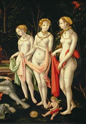 Die Zerstörung von Troja und das Urteil des Paris, Detail darstellend Artemis, Hera und Aphrodite, 1540